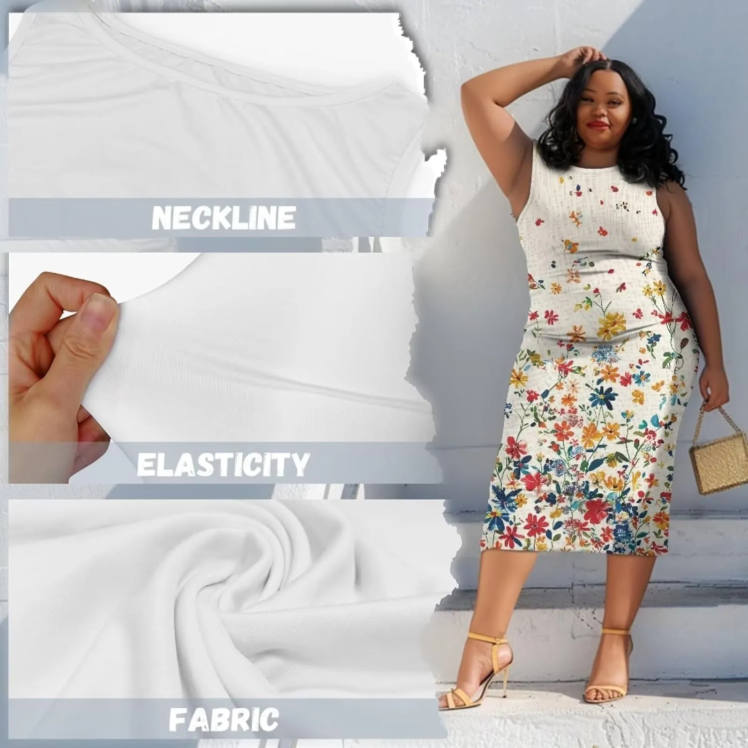 Women's Plus Size Floral Dress for Women Casual Sleeveless Midi Dress Comfy Crewneck Wrap Dress Bodycon Dress
