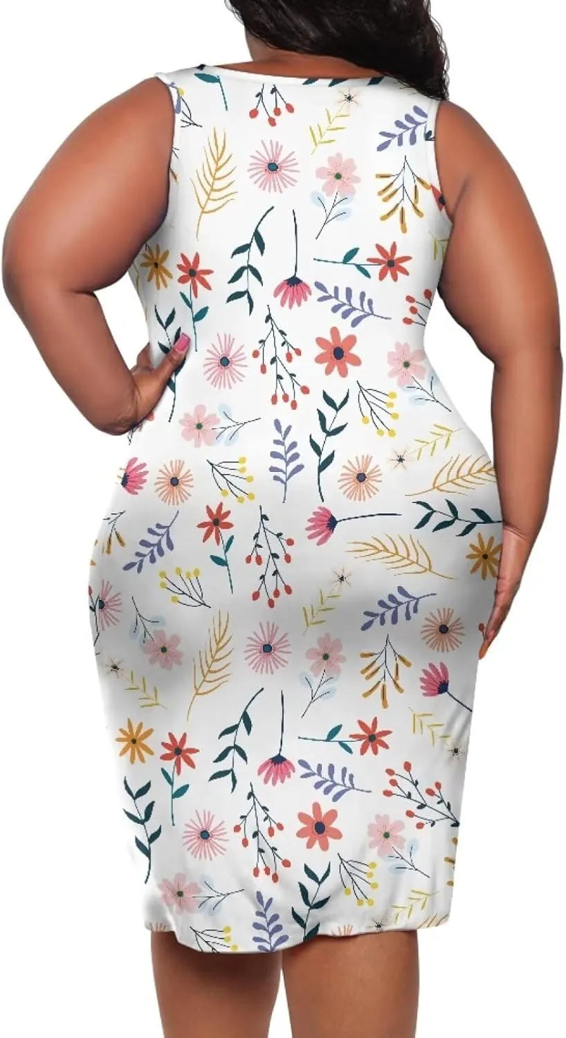 Women's Plus Size Floral Dress for Women Casual Sleeveless Midi Dress Comfy Crewneck Wrap Dress Bodycon Dress