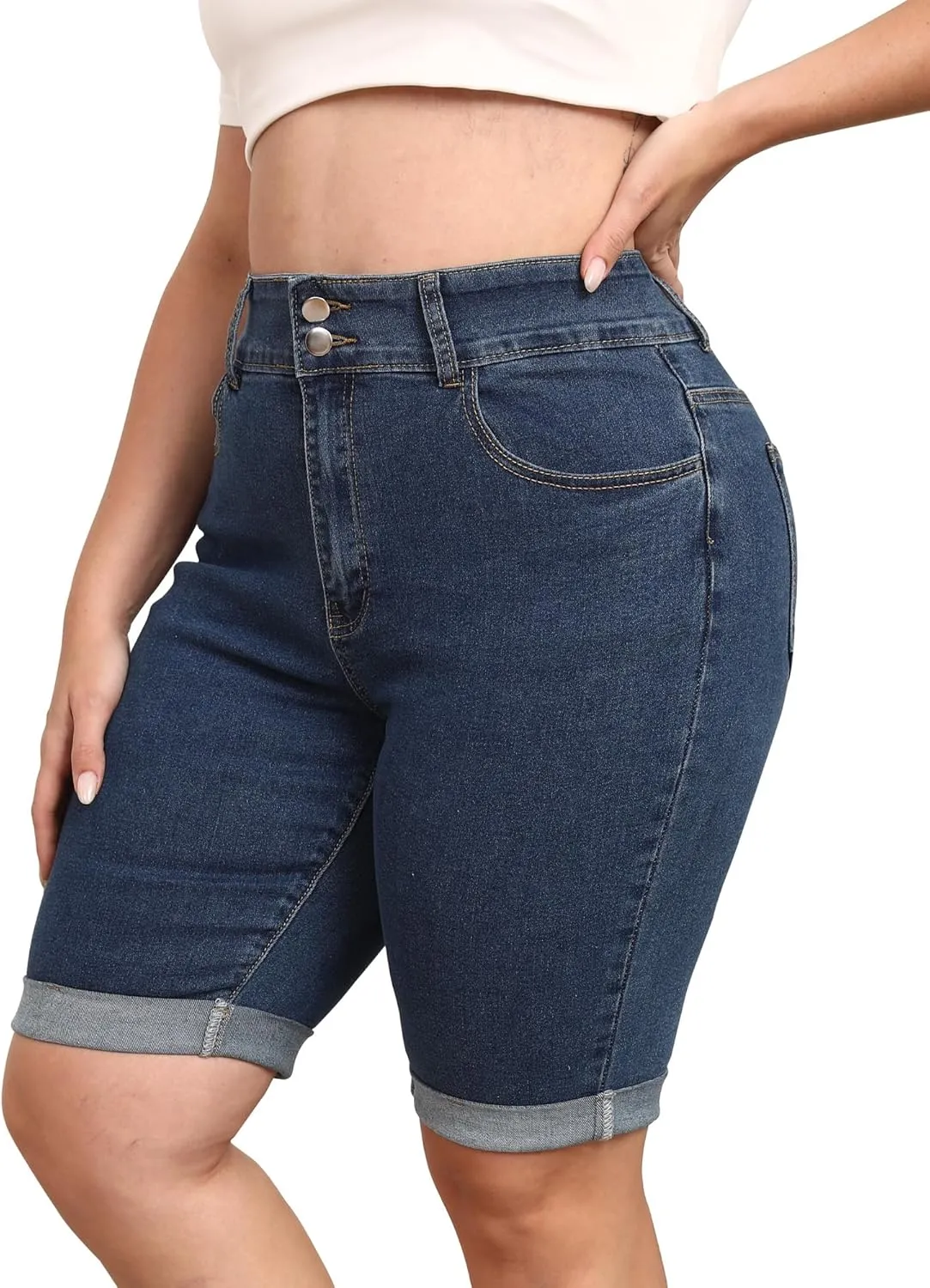 Womens Plus Size Jean Shorts High Waisted Stretchy Midi Bermuda Denim Shorts