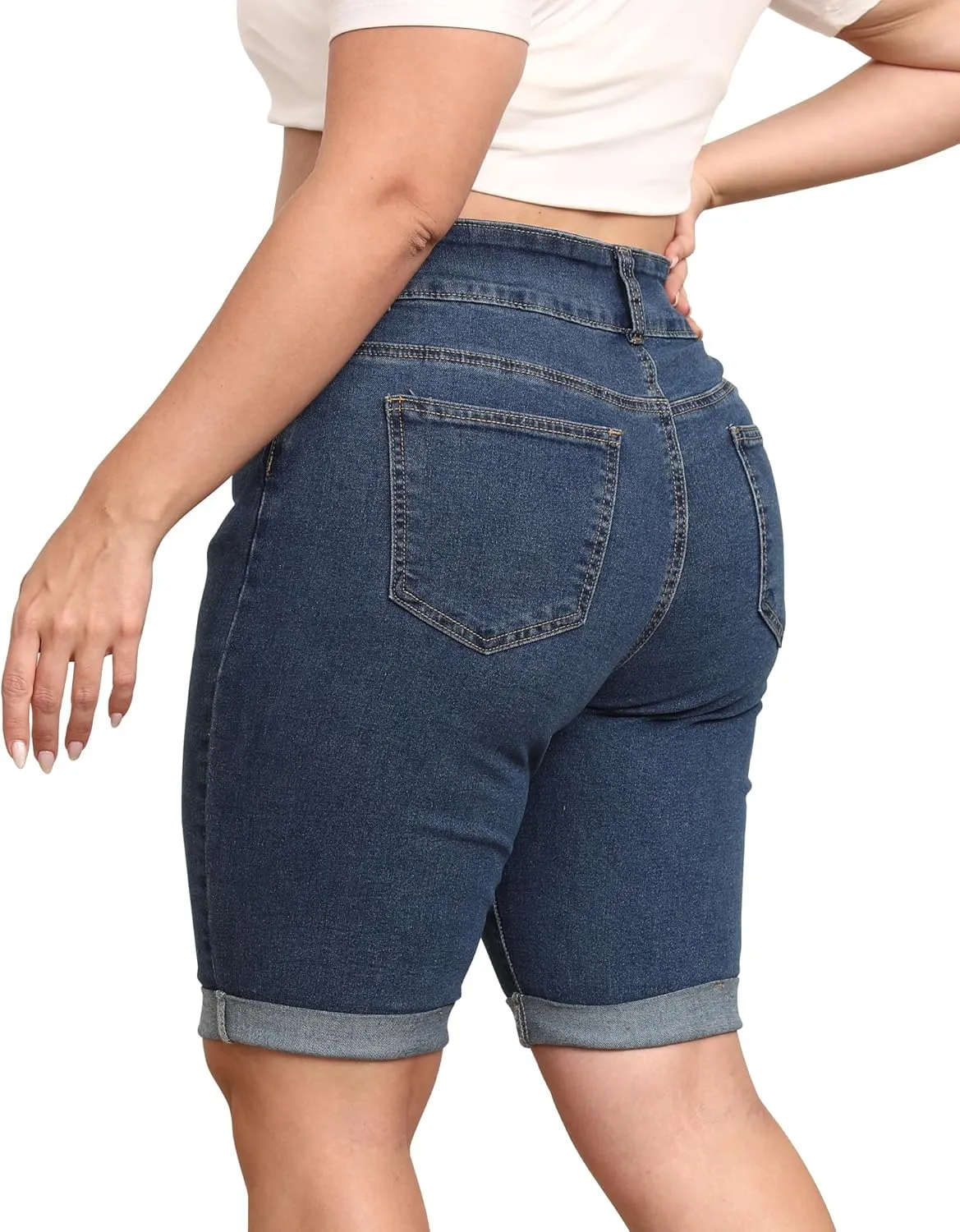 Womens Plus Size Jean Shorts High Waisted Stretchy Midi Bermuda Denim Shorts