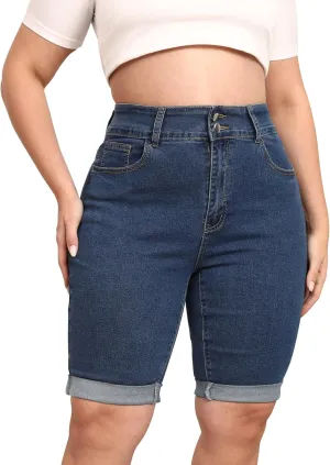 Womens Plus Size Jean Shorts High Waisted Stretchy Midi Bermuda Denim Shorts