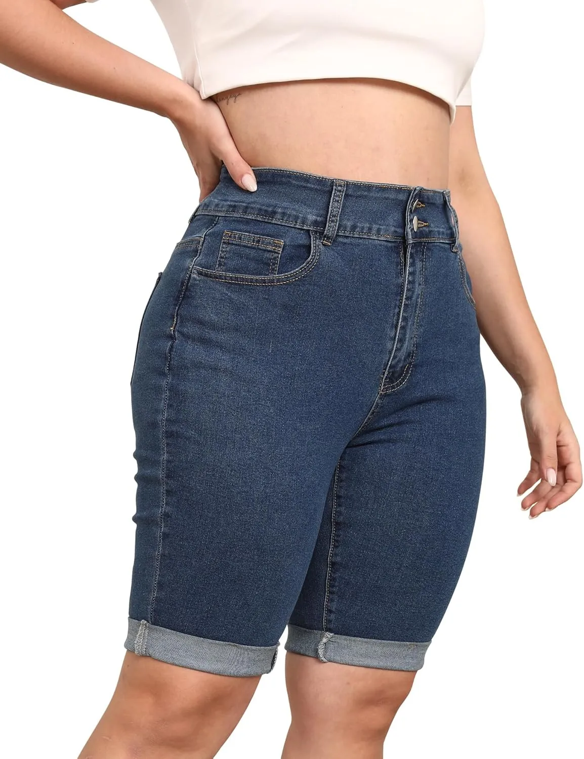 Womens Plus Size Jean Shorts High Waisted Stretchy Midi Bermuda Denim Shorts