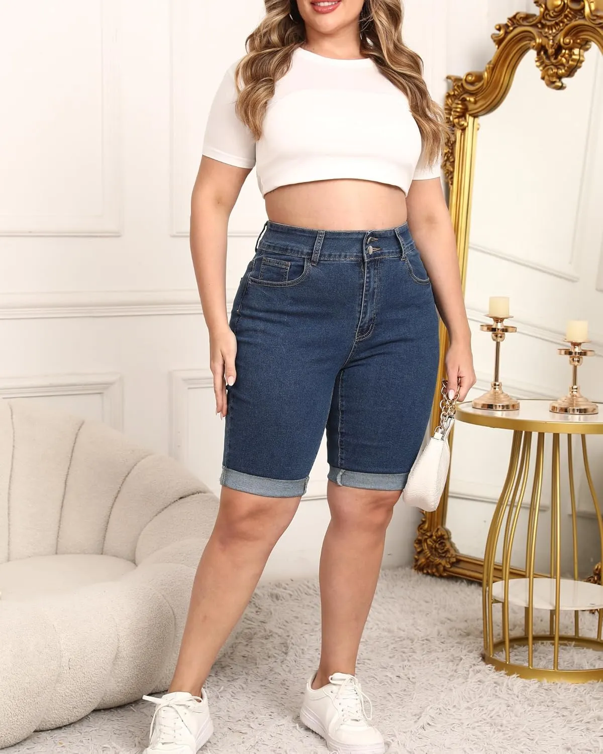 Womens Plus Size Jean Shorts High Waisted Stretchy Midi Bermuda Denim Shorts