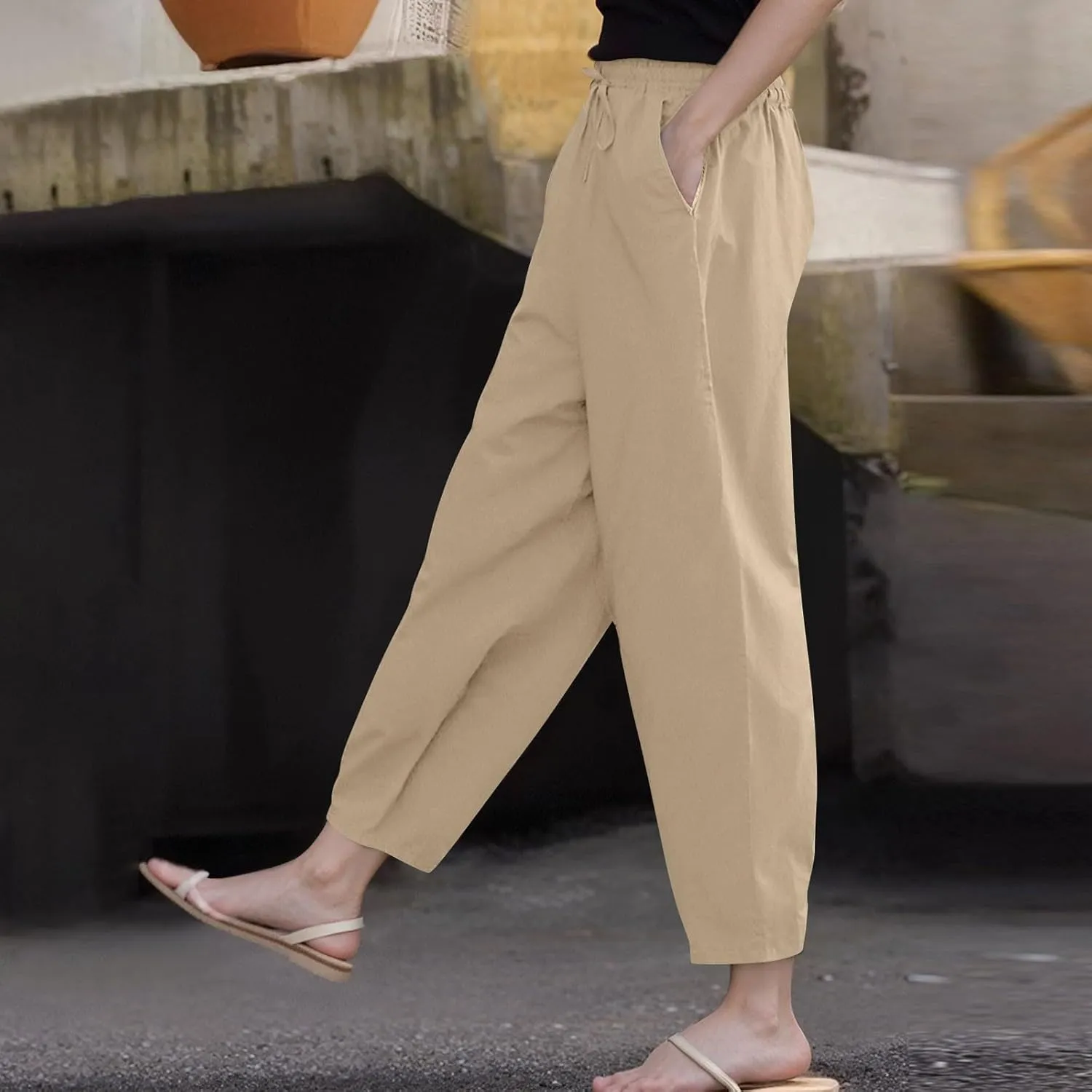 Womens Plus Size Linen Pants Summer High Waisted Wide Leg Pants Lightweight Baggy Boho Beach Lounge Trousers Pockets