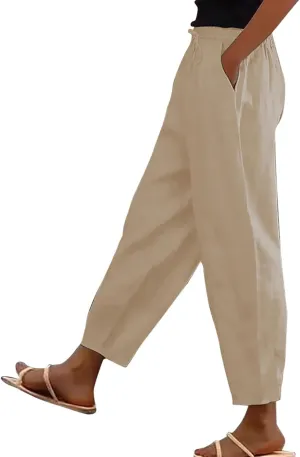 Womens Plus Size Linen Pants Summer High Waisted Wide Leg Pants Lightweight Baggy Boho Beach Lounge Trousers Pockets
