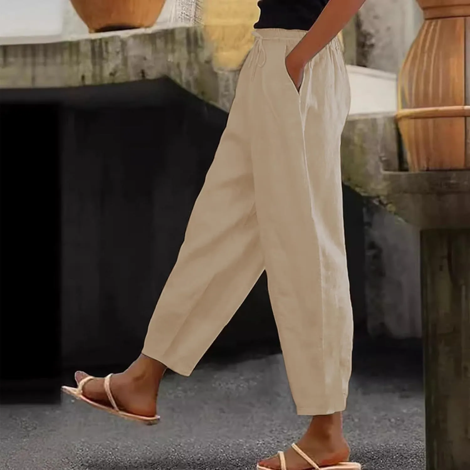 Womens Plus Size Linen Pants Summer High Waisted Wide Leg Pants Lightweight Baggy Boho Beach Lounge Trousers Pockets
