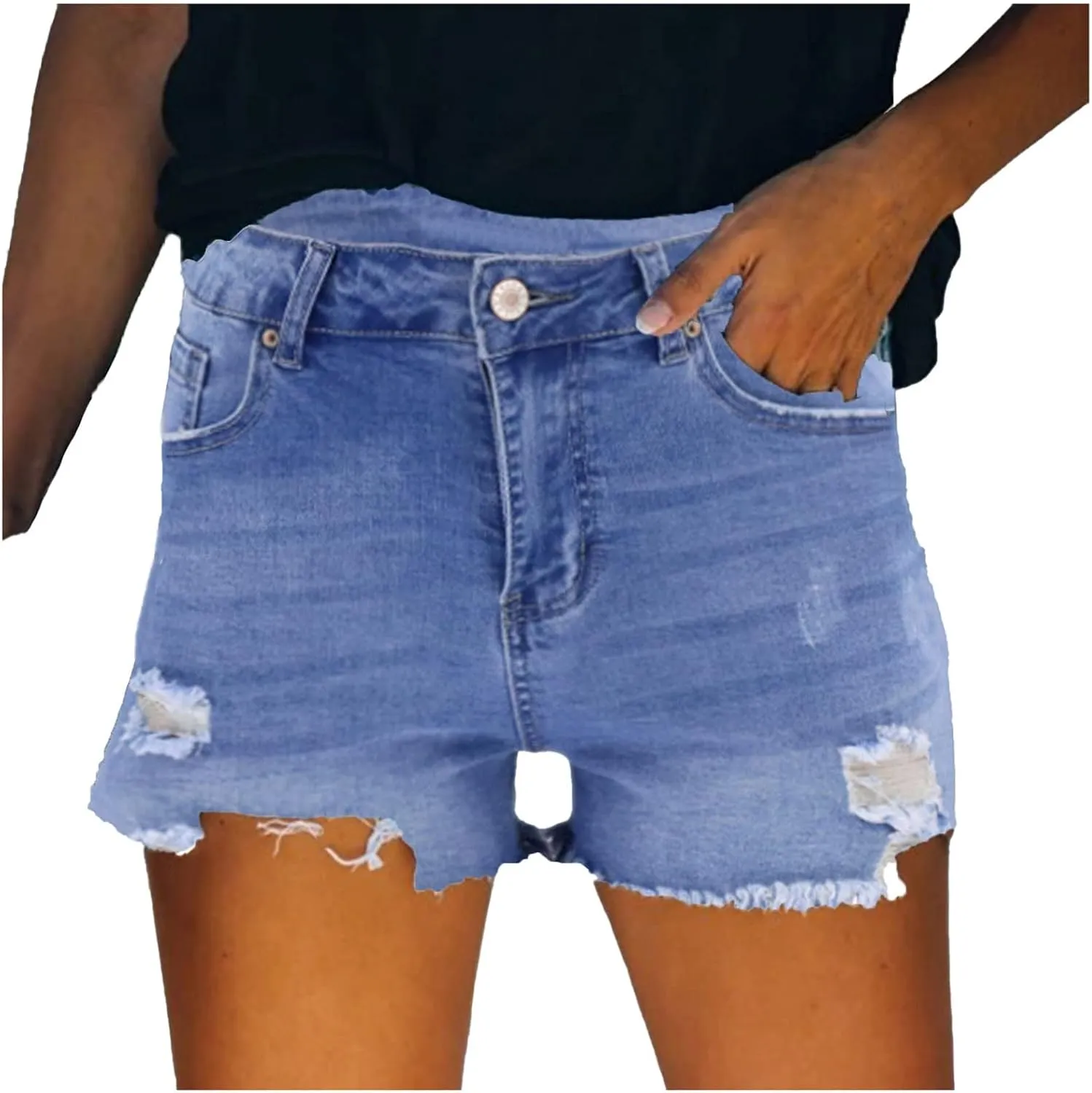 Women's Ripped Jean Shorts Mid-High Waisted Denim Shorts Stretchy Summer Hot Short Skinny Rolled Hem Shorts