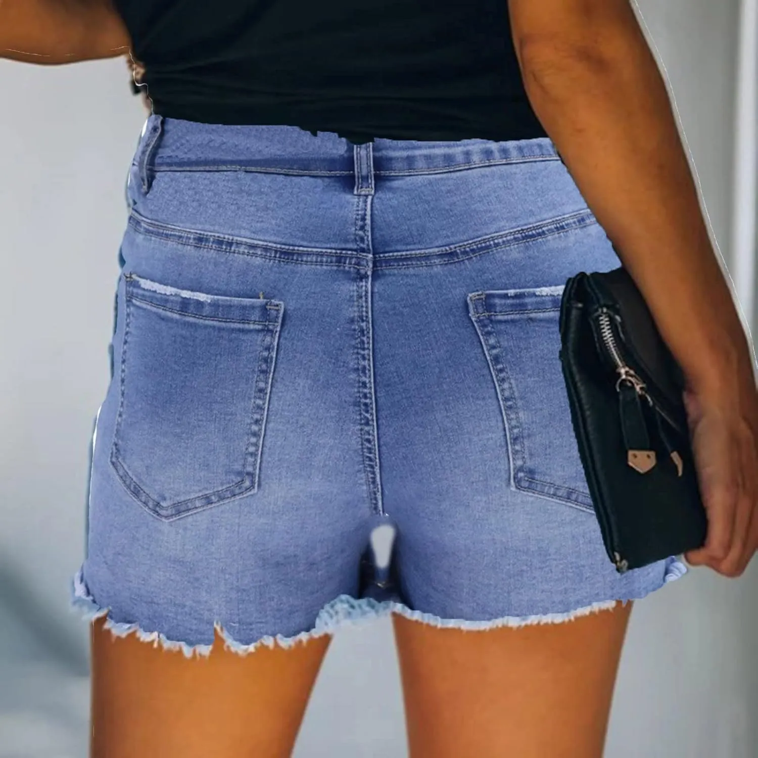 Women's Ripped Jean Shorts Mid-High Waisted Denim Shorts Stretchy Summer Hot Short Skinny Rolled Hem Shorts