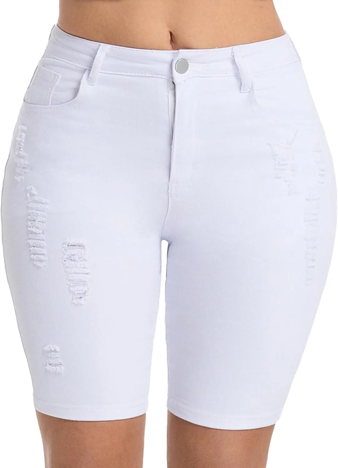 Women's Ripped Stretchy Bermuda Shorts High Waisted Long Denim Jean Shorts
