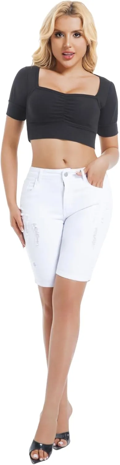 Women's Ripped Stretchy Bermuda Shorts High Waisted Long Denim Jean Shorts