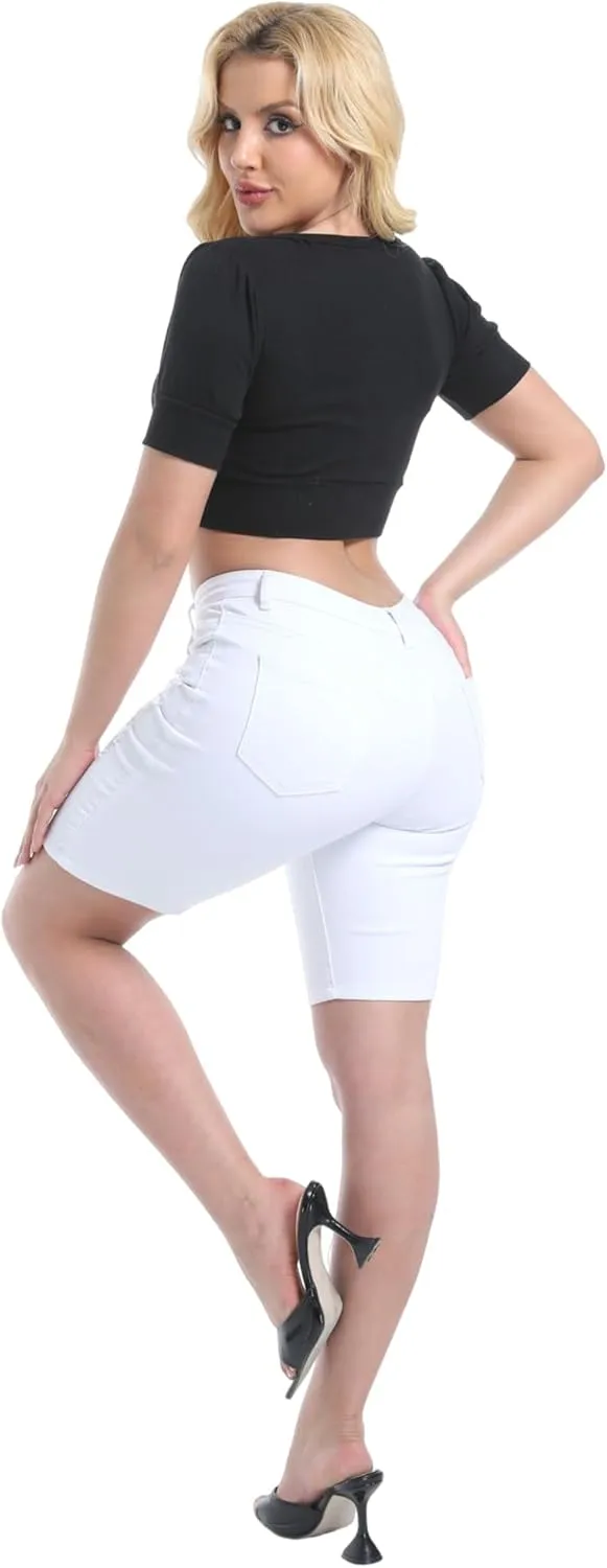Women's Ripped Stretchy Bermuda Shorts High Waisted Long Denim Jean Shorts