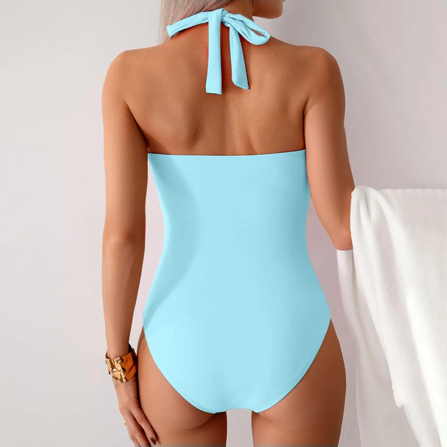 Women's Ruched Tankini Swimsuits V Neck Wrap Tie Back One Pieces Bathing Suit Tummy Control Monokini Swimwear