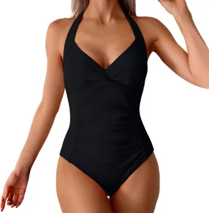Women's Ruched Tankini Swimsuits V Neck Wrap Tie Back One Pieces Bathing Suit Tummy Control Monokini Swimwear