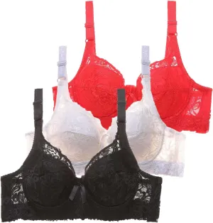 Womens Seamless Bra No Underwire Wireless Lace Scalloped Deep V Adjustable Straps Comfortable Everyday Bra 3 Pcs