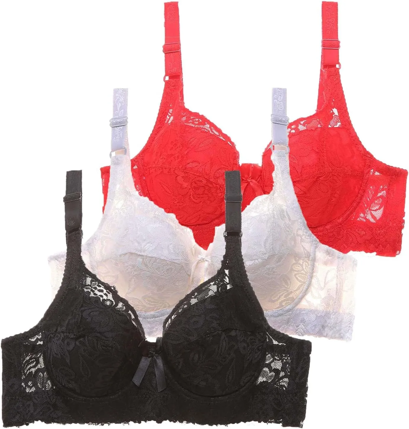 Womens Seamless Bra No Underwire Wireless Lace Scalloped Deep V Adjustable Straps Comfortable Everyday Bra 3 Pcs