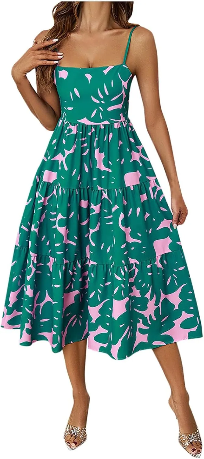 Womens Sexy Straps Summer Dresses 2025 Floral Graphic A Line Shirt Dress Loose Casual Sundress