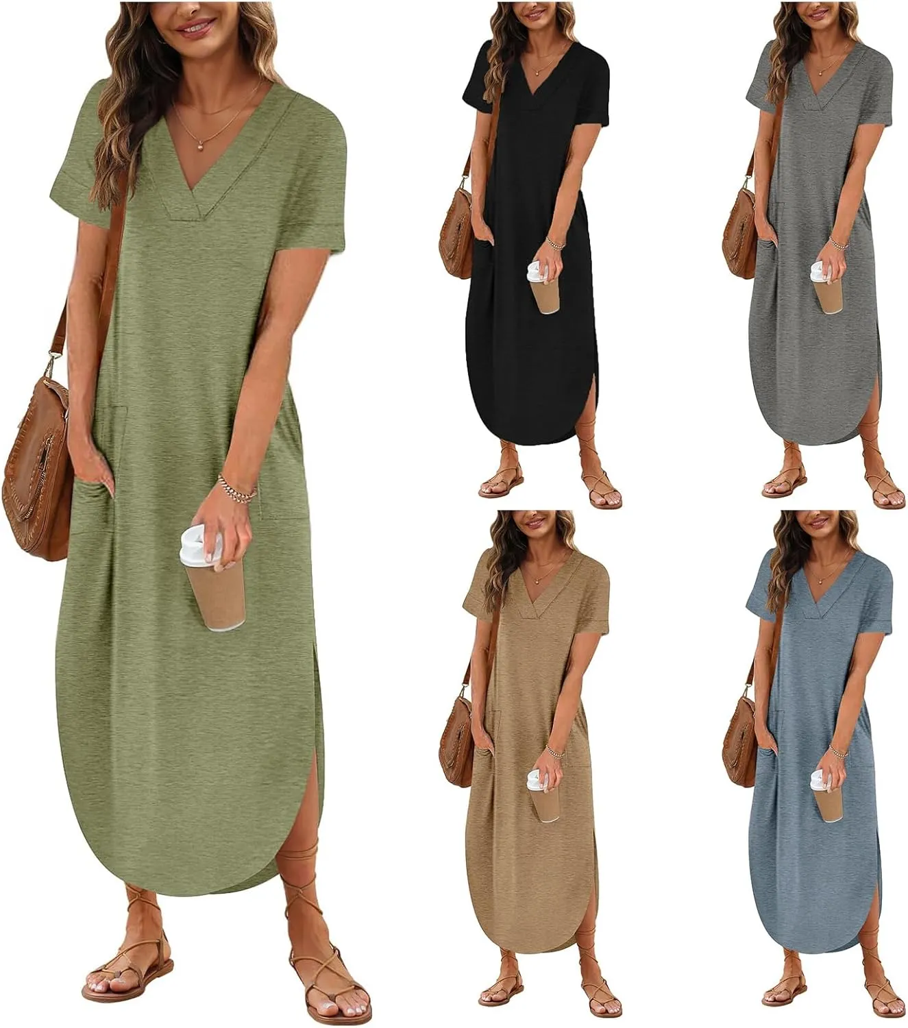 Womens Short Sleeve Maxi Dress V Neck T Shirt Slit Dress Casual Loose Beach Sundress with Pockets