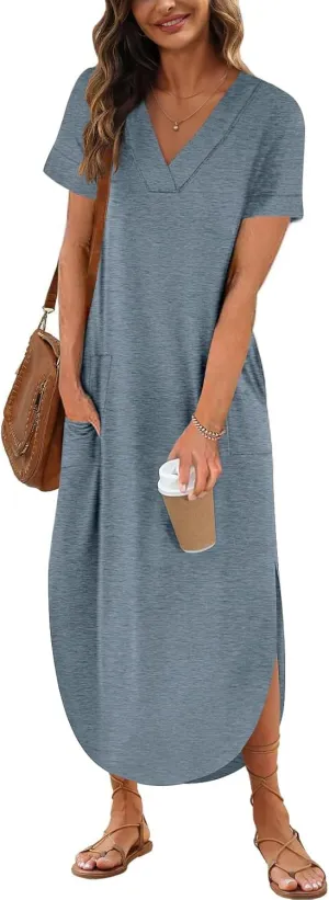 Womens Short Sleeve Maxi Dress V Neck T Shirt Slit Dress Casual Loose Beach Sundress with Pockets
