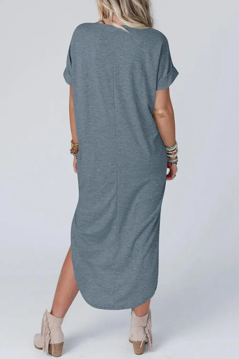 Womens Short Sleeve Maxi Dress V Neck T Shirt Slit Dress Casual Loose Beach Sundress with Pockets
