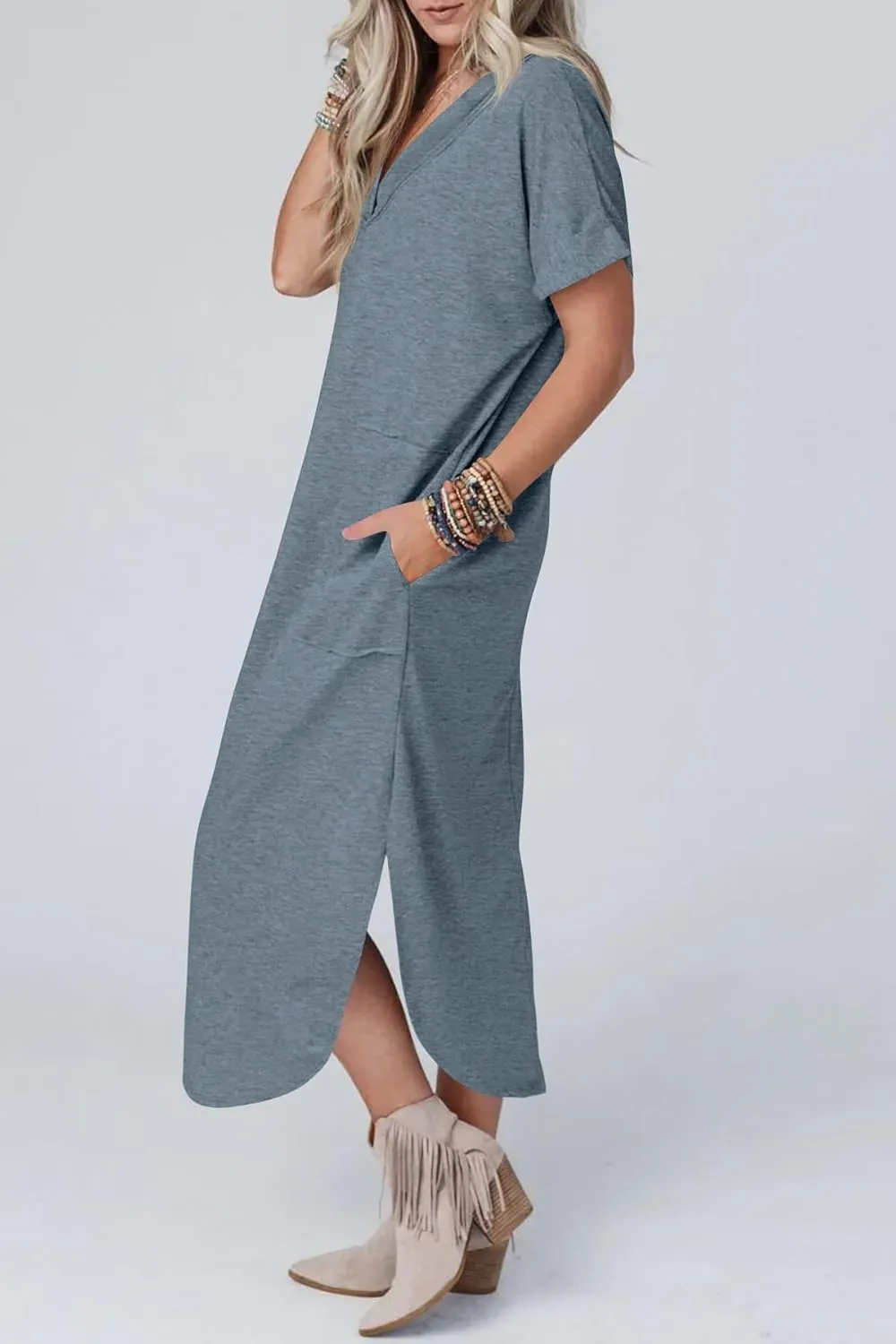 Womens Short Sleeve Maxi Dress V Neck T Shirt Slit Dress Casual Loose Beach Sundress with Pockets