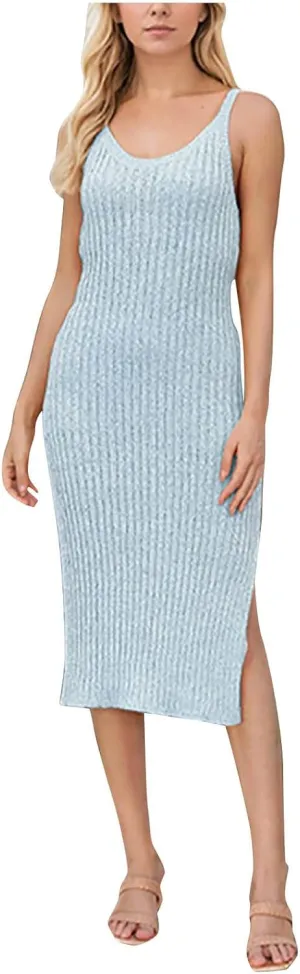 Womens Sleeveless Knitted Bodycon Dresses Slim Fit Solid Color Short Dress Summer Dresses