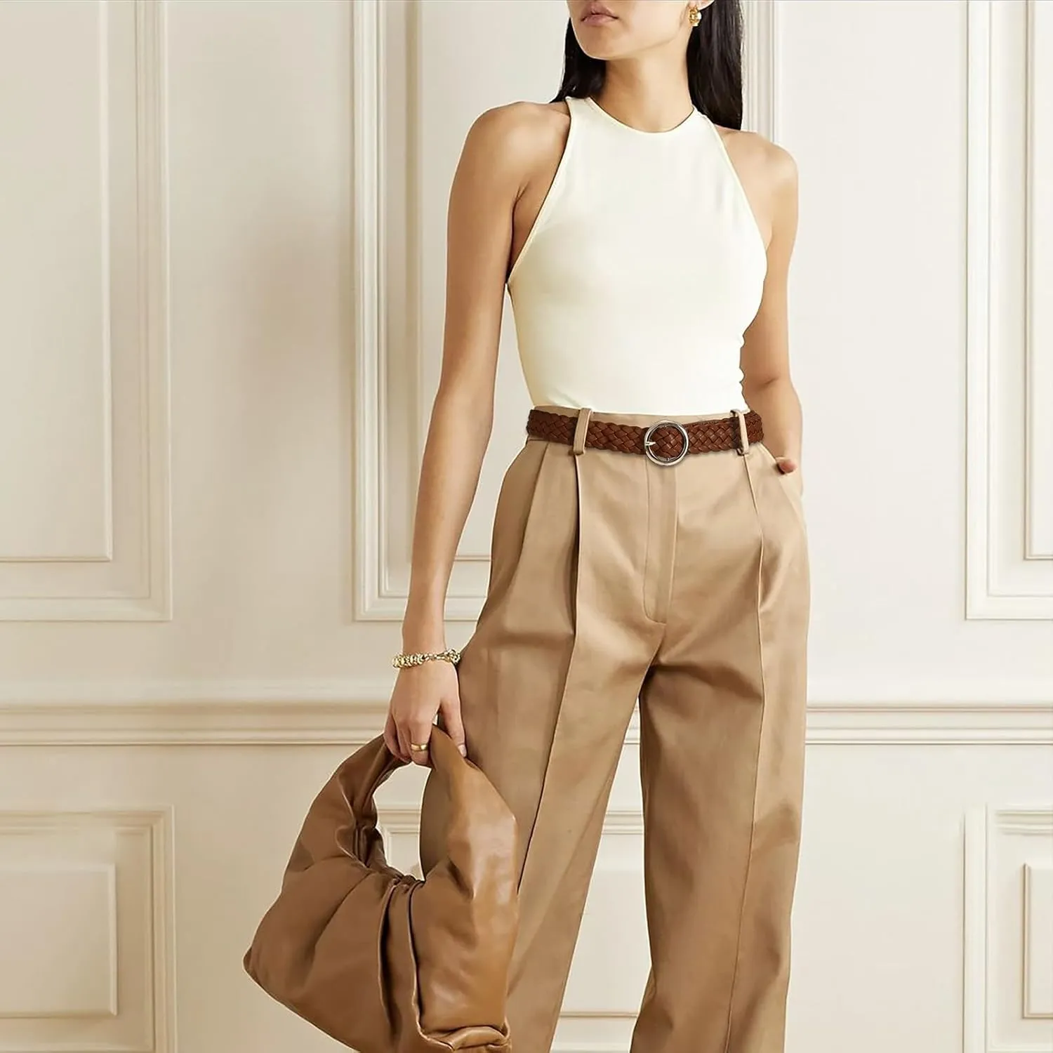 Women's Soft Brown Leather Braided Woven Belt Design with Gold Circular Buckle Casual Belt for Pants Jeans