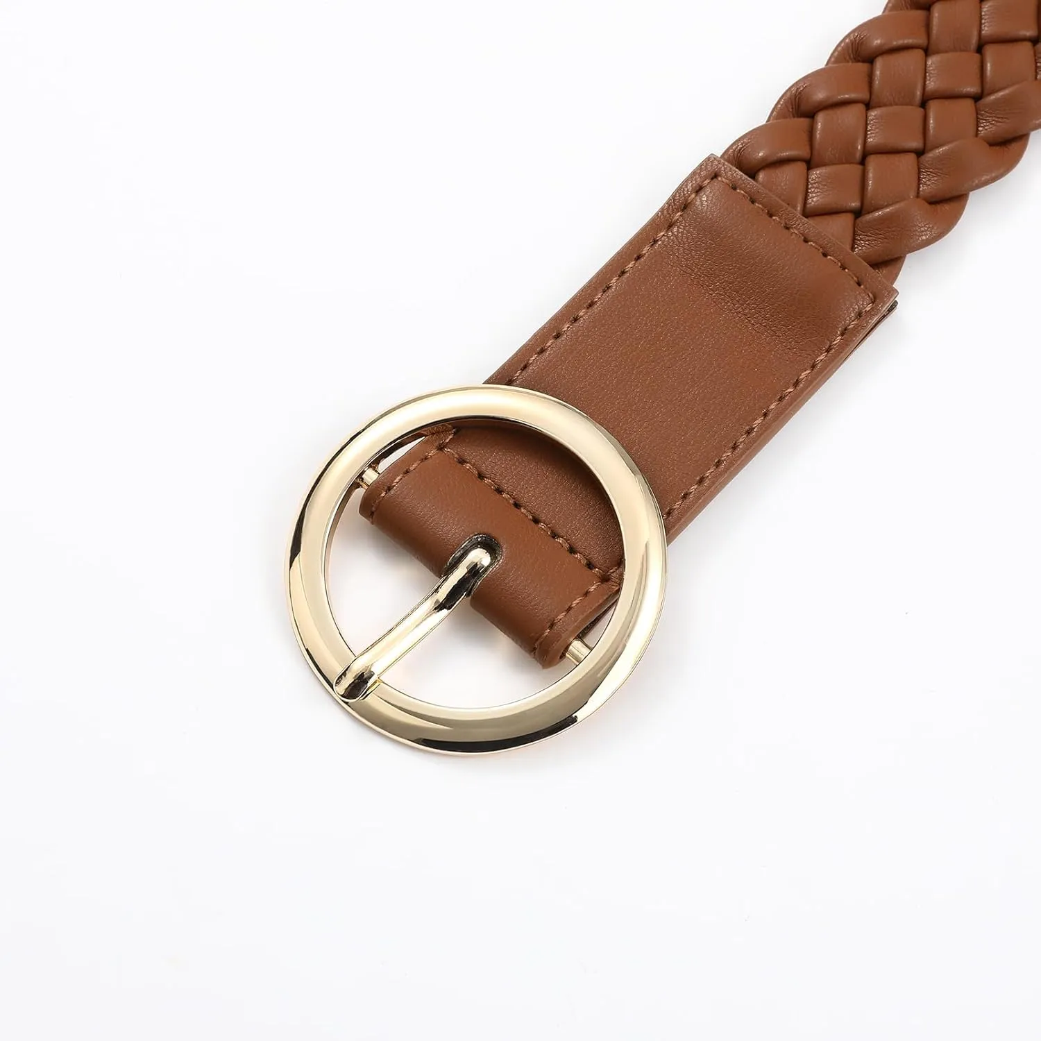 Women's Soft Brown Leather Braided Woven Belt Design with Gold Circular Buckle Casual Belt for Pants Jeans