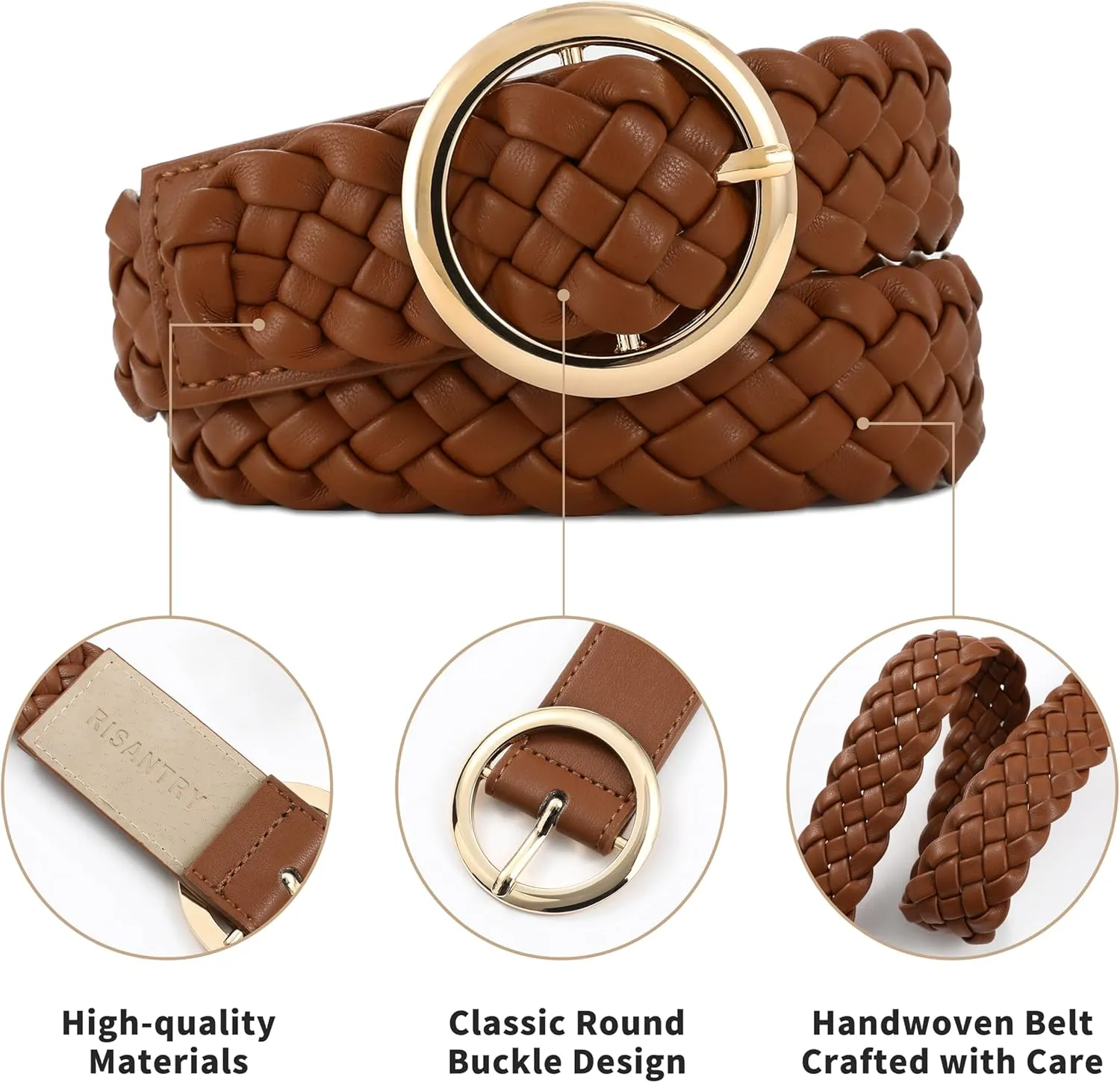 Women's Soft Brown Leather Braided Woven Belt Design with Gold Circular Buckle Casual Belt for Pants Jeans