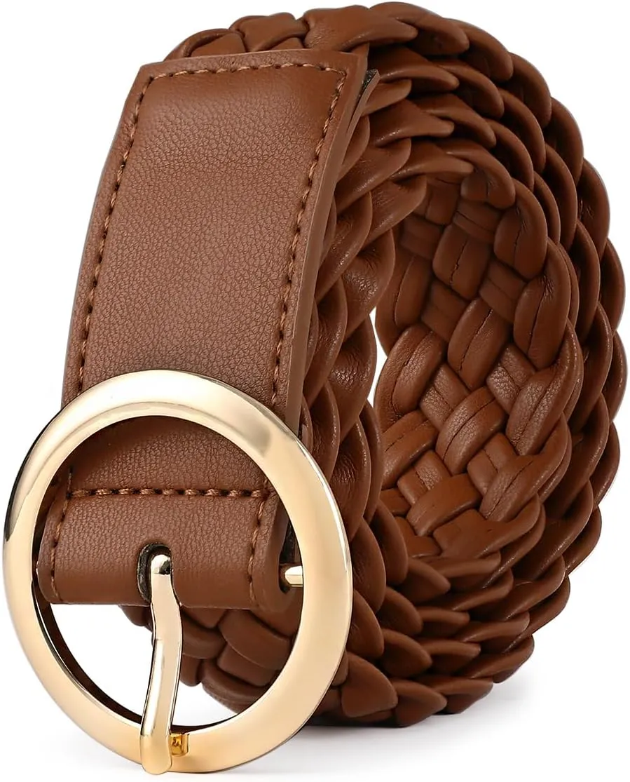 Women's Soft Brown Leather Braided Woven Belt Design with Gold Circular Buckle Casual Belt for Pants Jeans