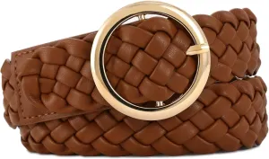 Women's Soft Brown Leather Braided Woven Belt Design with Gold Circular Buckle Casual Belt for Pants Jeans
