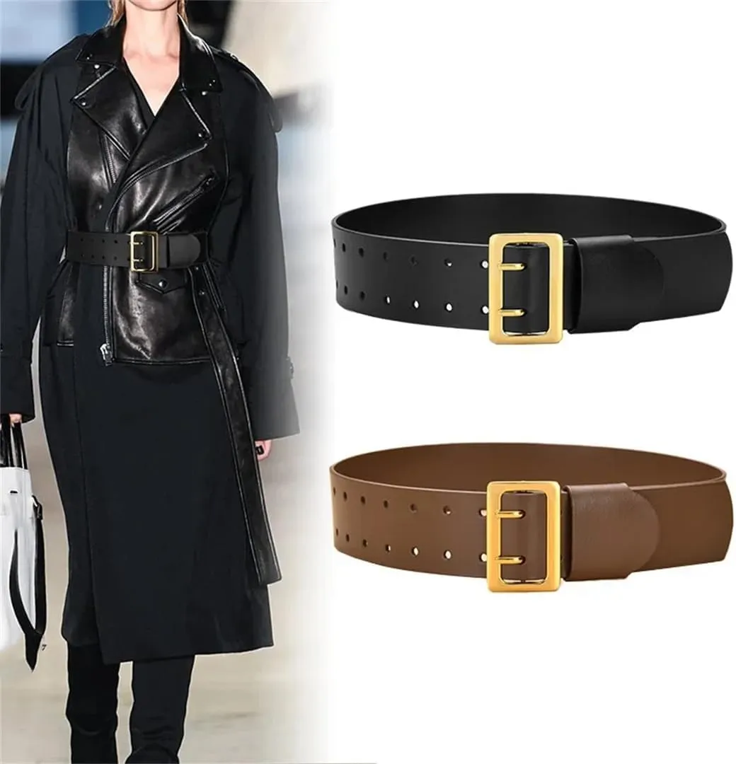 Women’S Split Leather PU Retro Rivet Decorative Belt Alloy Buckle Wide Belt