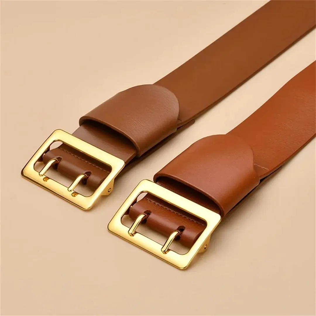 Women’S Split Leather PU Retro Rivet Decorative Belt Alloy Buckle Wide Belt
