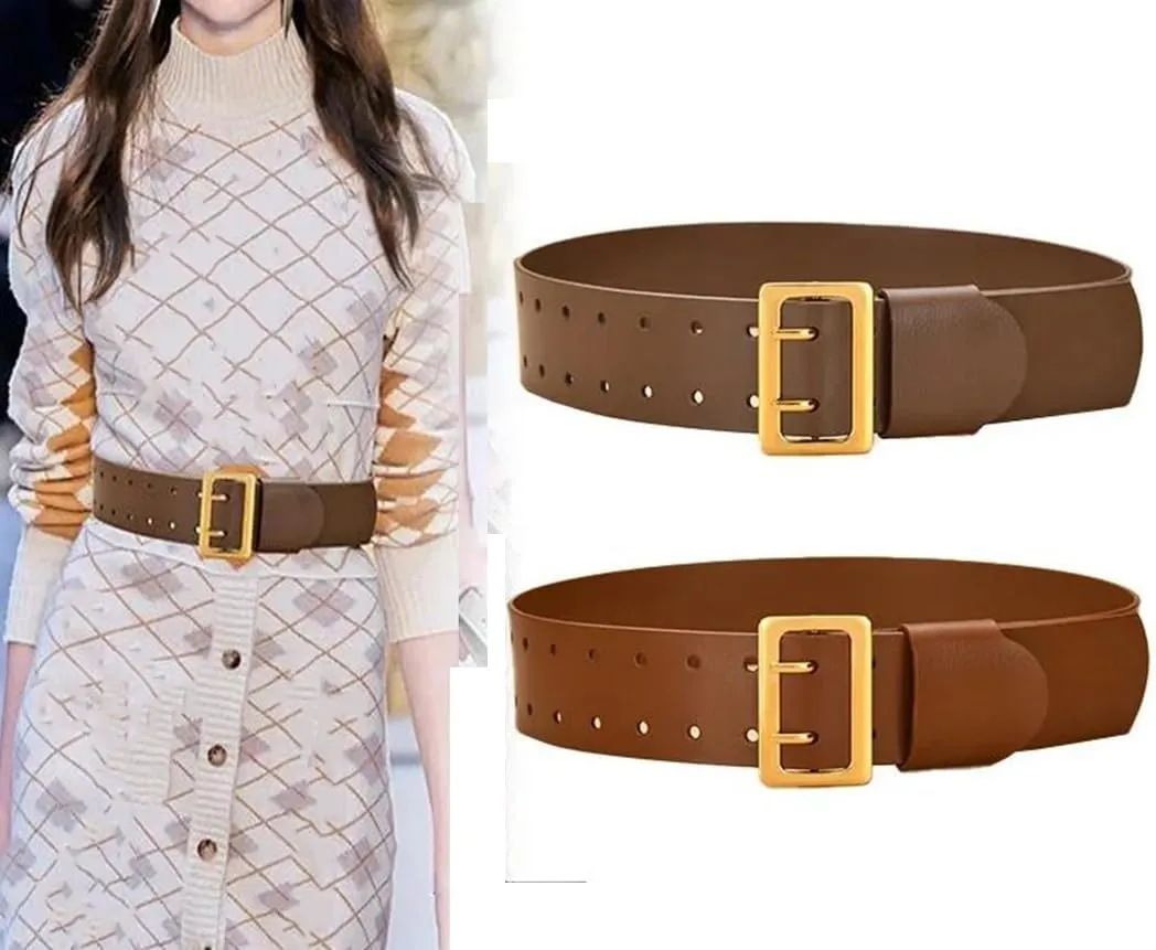 Women’S Split Leather PU Retro Rivet Decorative Belt Alloy Buckle Wide Belt