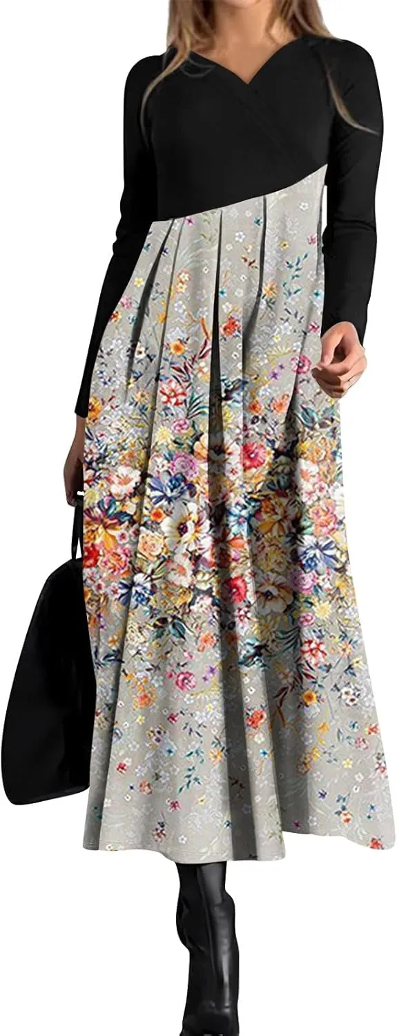 Womens Spring Dresses 2025 Long Sleeve Midi V Neck Tea Length Elegant Casual Flowy Fashion Loose Dress
