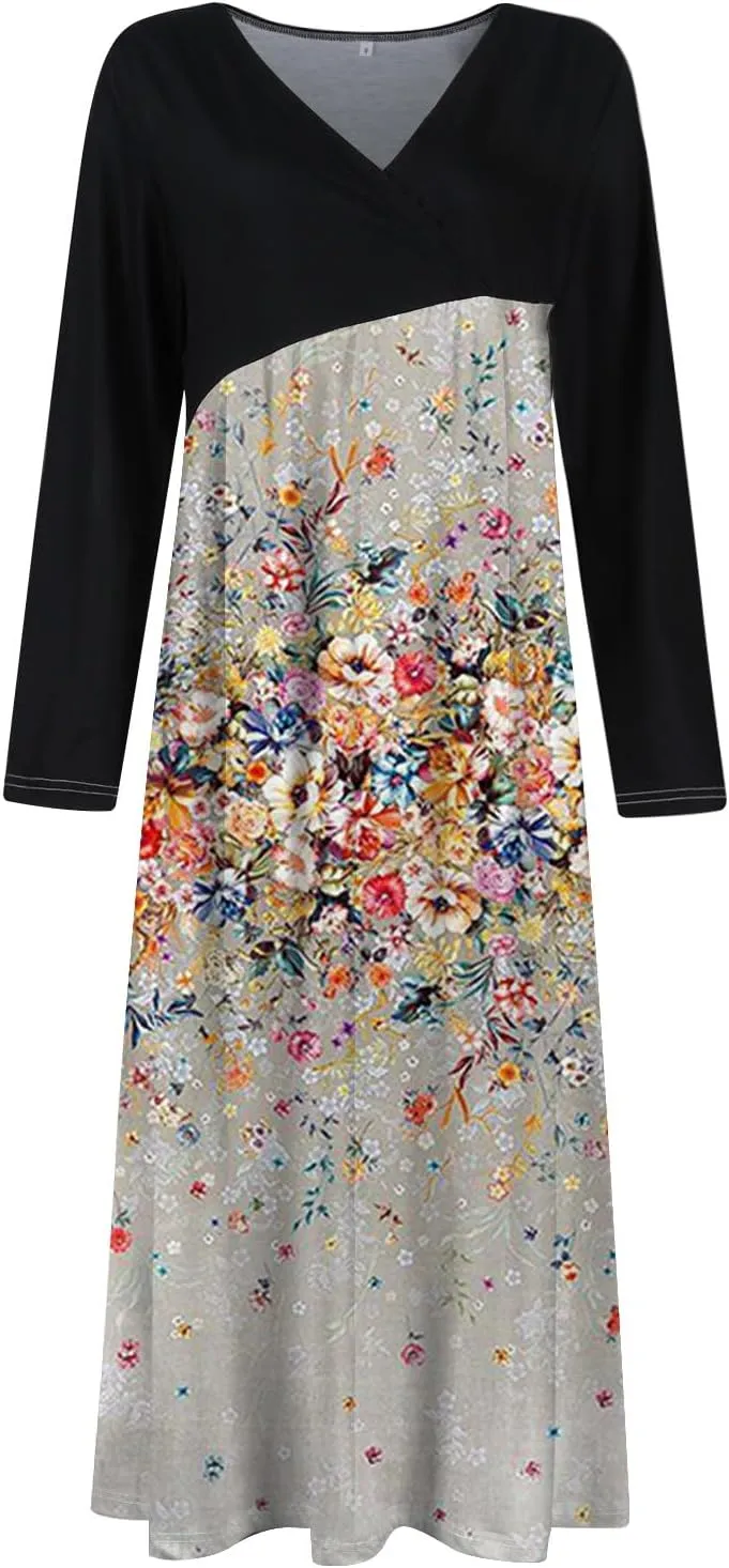 Womens Spring Dresses 2025 Long Sleeve Midi V Neck Tea Length Elegant Casual Flowy Fashion Loose Dress