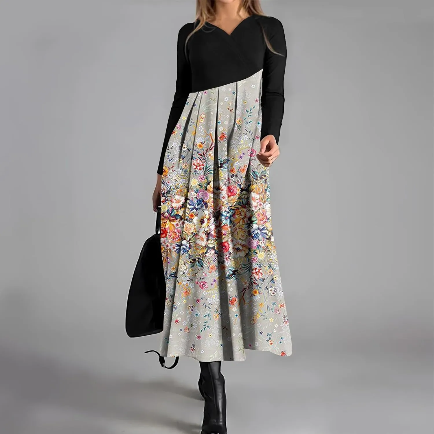 Womens Spring Dresses 2025 Long Sleeve Midi V Neck Tea Length Elegant Casual Flowy Fashion Loose Dress