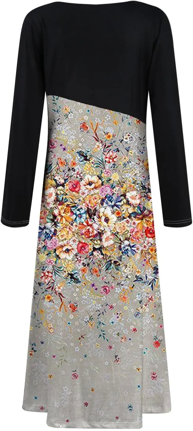 Womens Spring Dresses 2025 Long Sleeve Midi V Neck Tea Length Elegant Casual Flowy Fashion Loose Dress
