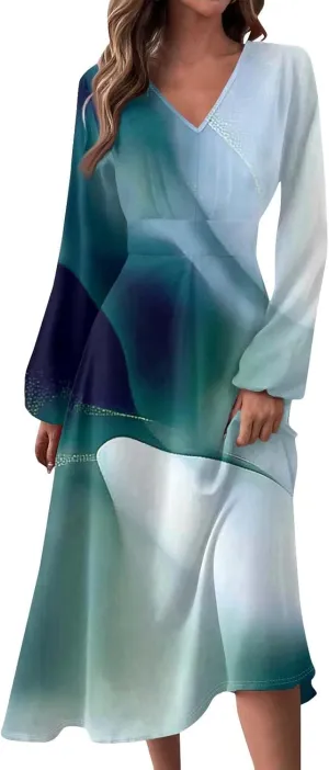 Womens Spring Dresses 2025 Midi Long Sleeve V Neck Summer Teens Vacation Modest Swing Dressy Dress