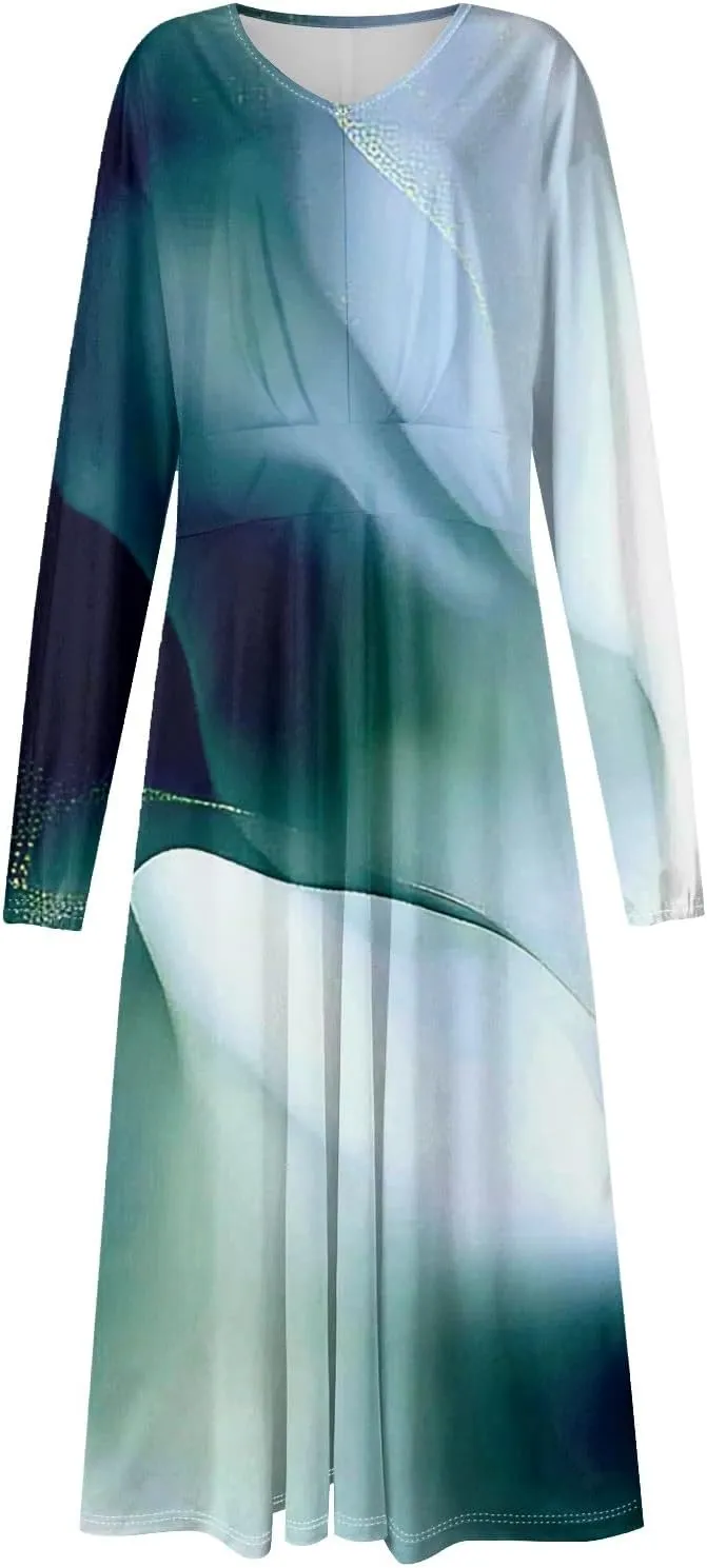 Womens Spring Dresses 2025 Midi Long Sleeve V Neck Summer Teens Vacation Modest Swing Dressy Dress