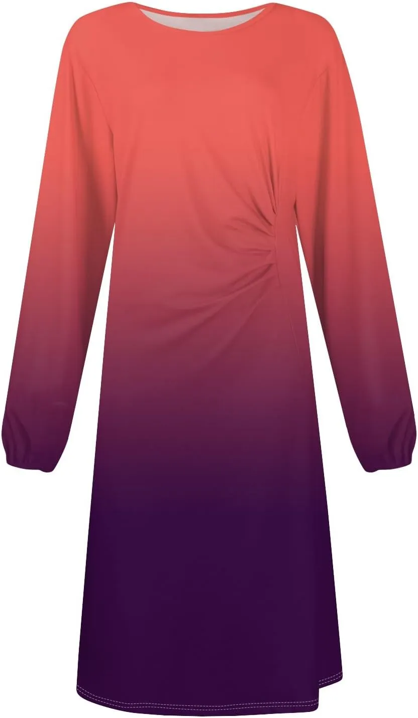 Womens Spring Dresses 2025 O Neck Long Sleeve Midi Ladies Cute Modest Trendy Curvy Loose Dress