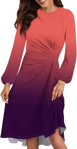 Womens Spring Dresses 2025 O Neck Long Sleeve Midi Ladies Cute Modest Trendy Curvy Loose Dress