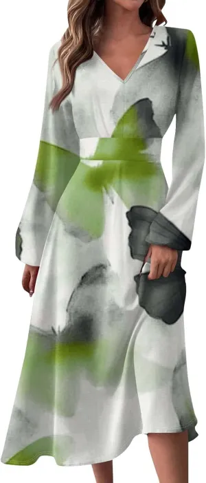 Womens Spring Dresses 2025 V Neck Midi Long Sleeve Summer Cute Tea Length Vacation Dressy Swing Dress