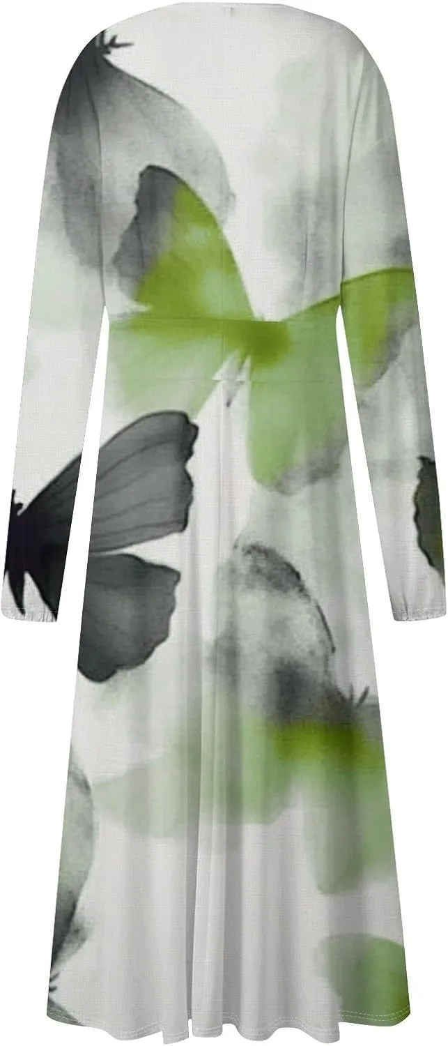 Womens Spring Dresses 2025 V Neck Midi Long Sleeve Summer Cute Tea Length Vacation Dressy Swing Dress