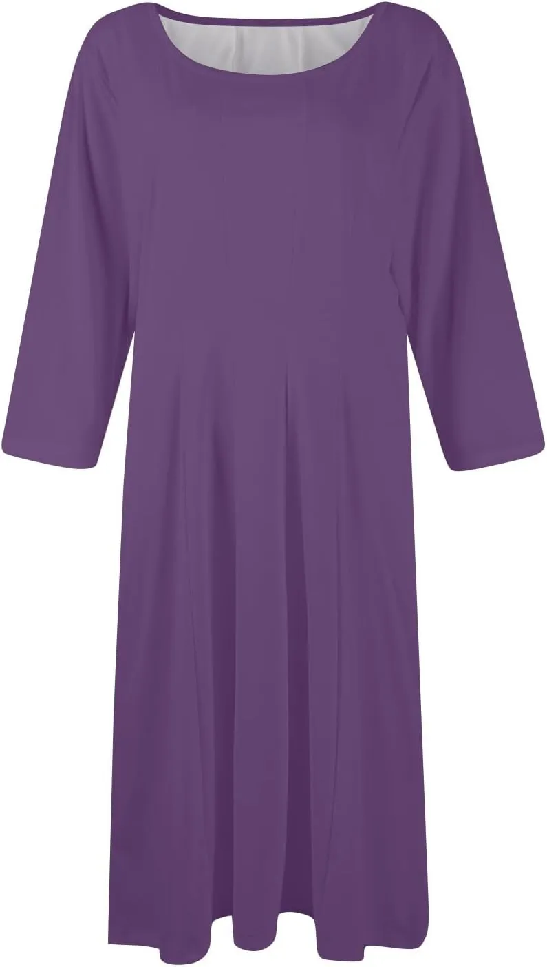 Womens Spring Dresses Crew Neck 3/4 Sleeve Beach Dress Solid Plain A Line Dress Summer Midi Flowy Dresses with Pocket