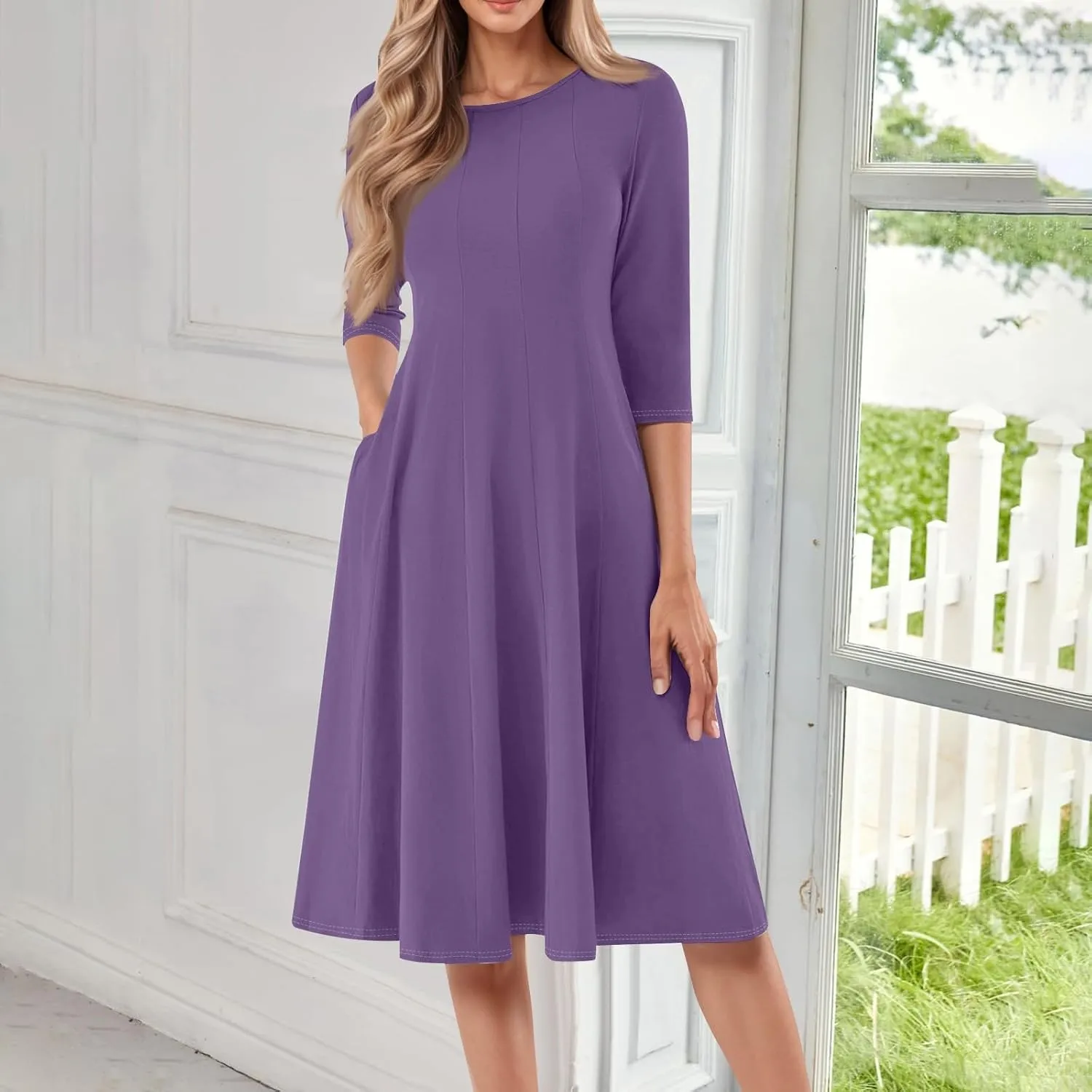 Womens Spring Dresses Crew Neck 3/4 Sleeve Beach Dress Solid Plain A Line Dress Summer Midi Flowy Dresses with Pocket