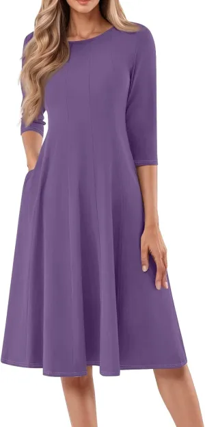 Womens Spring Dresses Crew Neck 3/4 Sleeve Beach Dress Solid Plain A Line Dress Summer Midi Flowy Dresses with Pocket