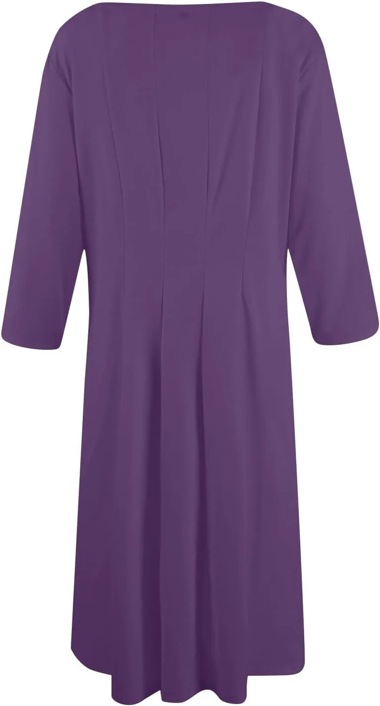 Womens Spring Dresses Crew Neck 3/4 Sleeve Beach Dress Solid Plain A Line Dress Summer Midi Flowy Dresses with Pocket