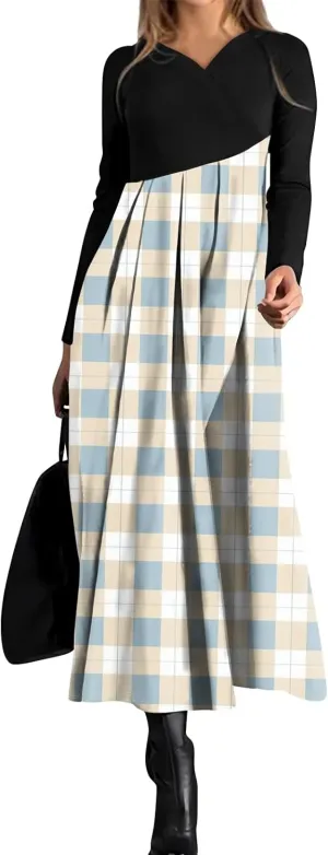 Womens Spring Fashion 2025 Dress Long Sleeve V Neck Midi Work Flowy Elegant Trendy Fitted Swing Dress