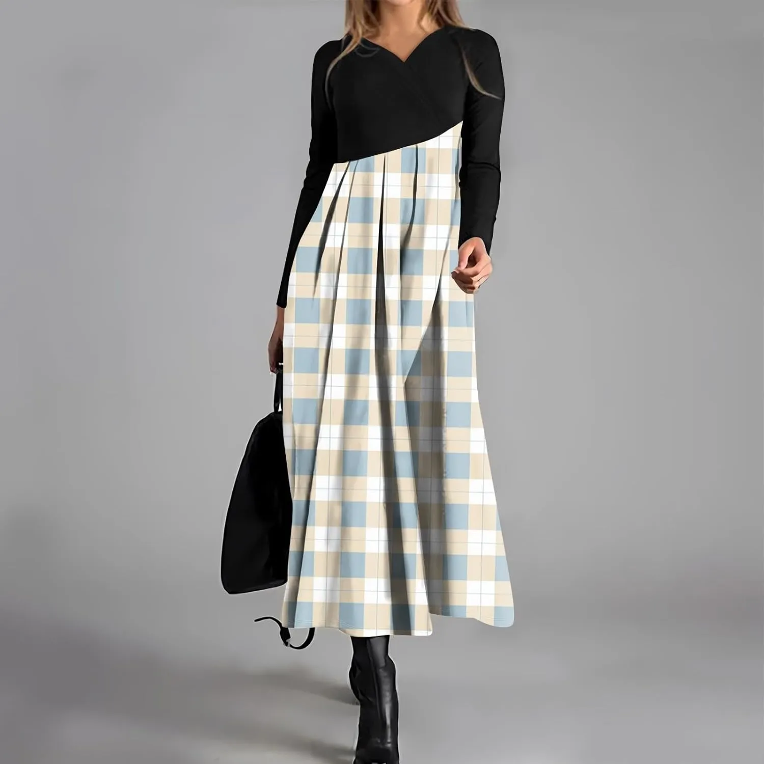 Womens Spring Fashion 2025 Dress Long Sleeve V Neck Midi Work Flowy Elegant Trendy Fitted Swing Dress