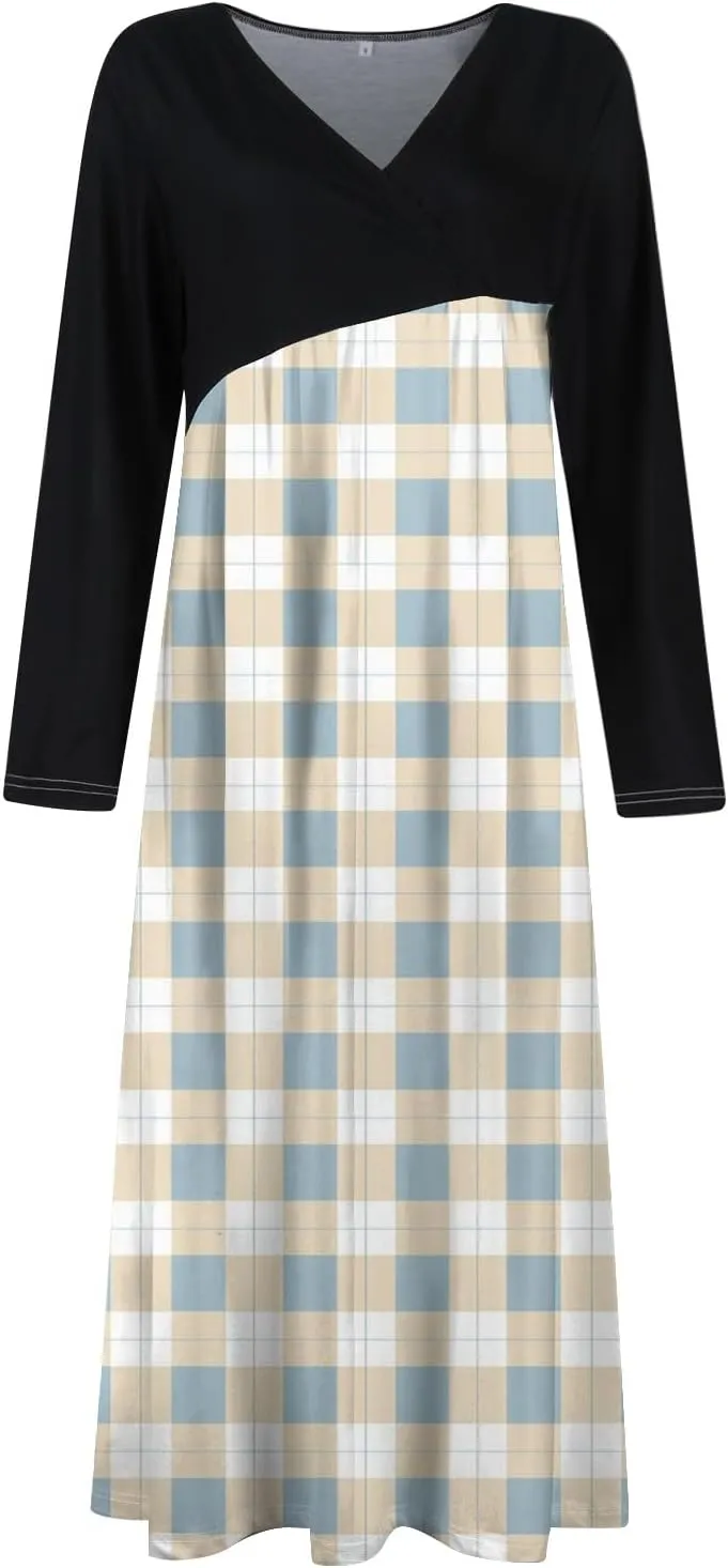 Womens Spring Fashion 2025 Dress Long Sleeve V Neck Midi Work Flowy Elegant Trendy Fitted Swing Dress